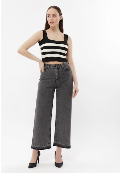 Kene Jeans Kadın Füme 5 Düğme Detaylı/ Paça Söküm Bol Paça Kot Pantolon Siyah