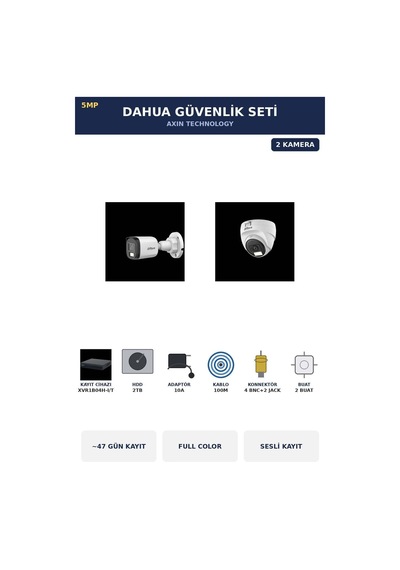 2 Kameralı 5mp Güvenlik Kamera Seti 5mp Full Color Sesli Dome+bullet 2tb 47 Gün Kayıt 2 Kameralı 5mp Güvenlik Kamera Seti 5mp Full Color Sesli Dome+bullet 2tb 47 Gün Kayıt