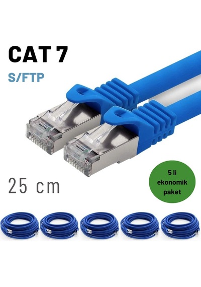 5 Adet 25 Cm Mavi , Cat7 Kablo S/ftp Ethernet Network Lan Ağ Kablosu