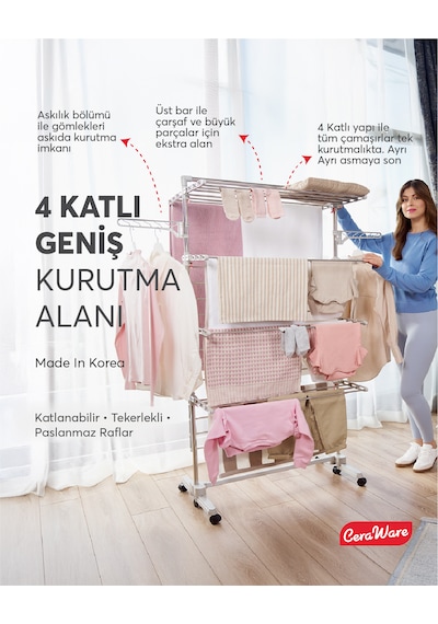 Home S4 Premium 4 Katlı Çamaşırlık Made in Korea Tam Katlanır Tekerlekli Çamaşır Kurutmalık