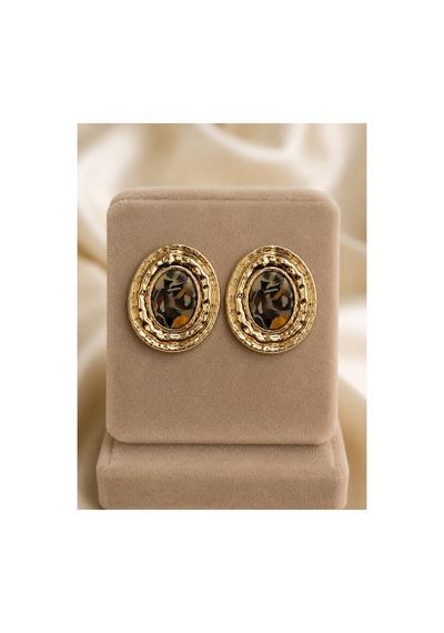 Leora Leopar Desenli Gold Renk Vintage Premium Oval Çerçeveli Altın Kadın Küpe Seti