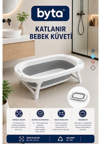 Katlanabilir Bebek Küveti Gri-beyaz Portatif Bebek Banyo Küveti