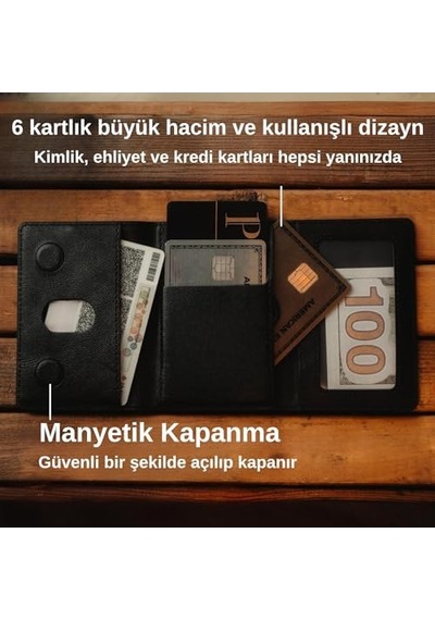 İphone İle Uyumlu Magsafe Özellikli Cüzdan Vegan Deri Güçlü Mıktanıs 6 Kart Hazneli Kartlık Siyah