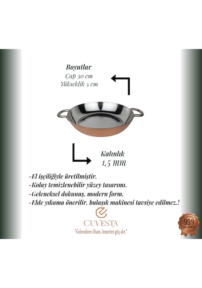 Cuvesta Modern El Yapımı Şef Tipi Kalın 1.5mm Bakır Tava 30 5 Cm