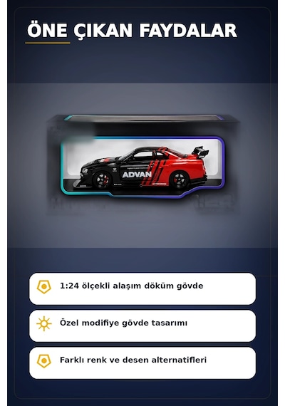 Detaylı 1/24 Ölçek R34 Modifiye Spor Model Araç - Tek Renk Seçimli, Koleksiyonluk Oyunca Bx-313408