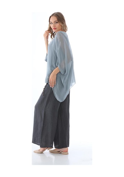 Bohem Stil İtalyan Yarasa Kol İpek Bluz-8869 Gri