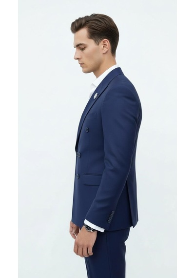 Plus Scorpion Gold Düğmeli Kruvaze Erkek Blazer Ceket Premium Kumaş, Slim Fit Şıklık Açık Lacivert