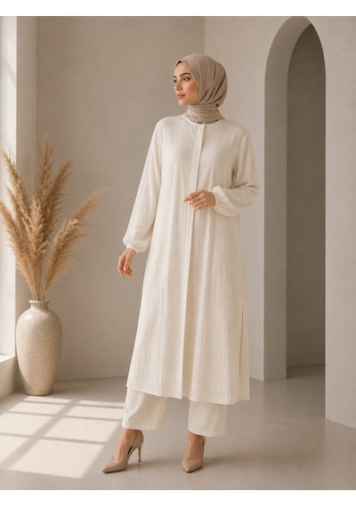 Bidesing Kadın Modern Tunik Pantolon Kombini Ekru