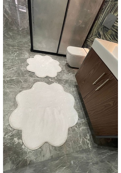 2'li Beyaz Banyo Halısı Peluş Post Halı Klozet Takımı 80x80 Ve 100x100 Beyaz