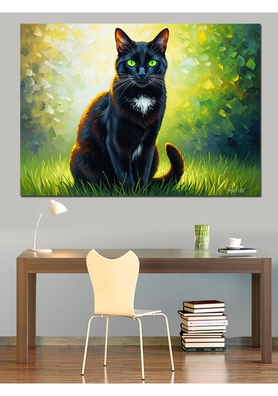 Yeşil Gözlü Kara Kedi Dekoratif Kanvas - Mdf Ahşap Tablo