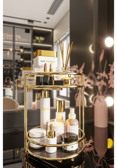 Bino Banyo Kozmetik Takı Düzenleyici Çok Amaçlı Organizer 2 Katlı Servis Sunum Tepsisi İkramlık Gold Düzenleyici