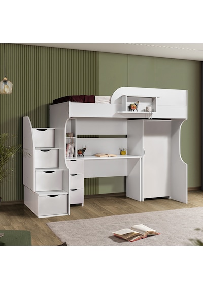 Ranza, Litera Ranza Dolap Çalışma Masası Beyaz + 1 Adet Comfort Yatak 90 x 190 Cm Ranza, Litera Ranza Dolap Çalışma Masası Beyaz + 1 Adet Comfort Yatak 90 x 190 Cm