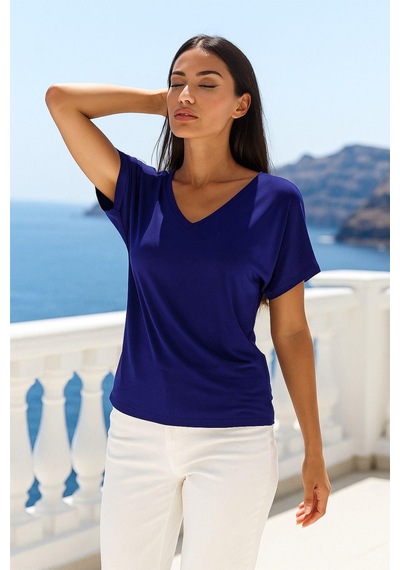 Kadın Lacivert Viskon V Yakalı T-shirt Kısa Kol Rahat Kesim Bluz Çok Renkli