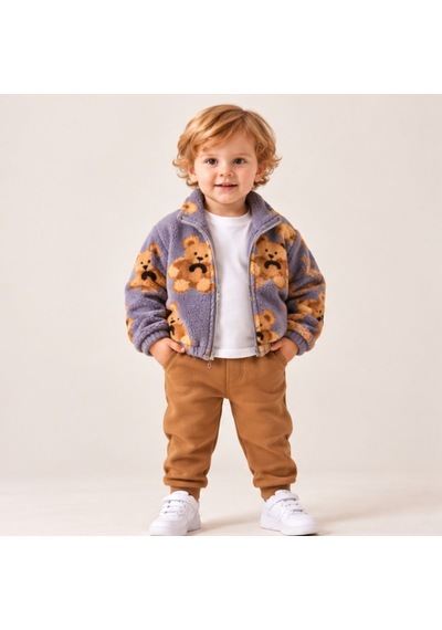 Maxx Kelın Erkek Bebek Ayıcık Desenli Peluş Mont Ve Pantolon 2'li Takım Lila Taba 9-12-18 Ay