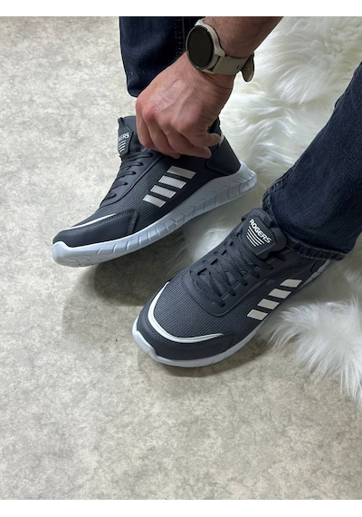 Günlük Erkek Sneaker Fileli Bağcıklı Rahat Esnek Dikiş Detaylı Yürüyüş Spor Ayakkabı 1453 Füme Beyaz