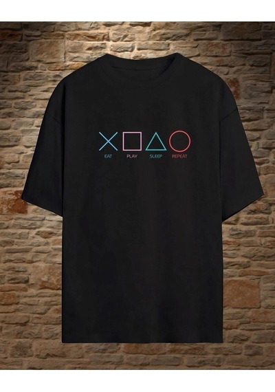 Startmore Unisex Şekil Baskılı Oversize Garalio T-shirt Siyah