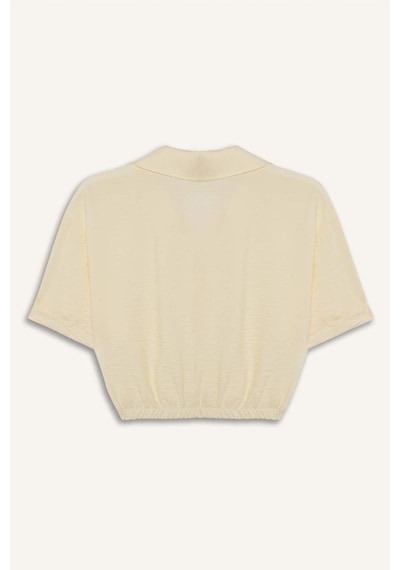Defacto Cropped Fit Gömlek Yaka Keten Görünümlü Kısa Kollu Bluz C7799ax25sper135 Ekru
