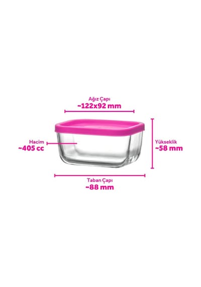 Lav Cube Cam Saklama Kabı 2'li Küçük Boy 405 ml Dikdörtgen Pembe Plastik Kapaklı (Kahvaltılık )