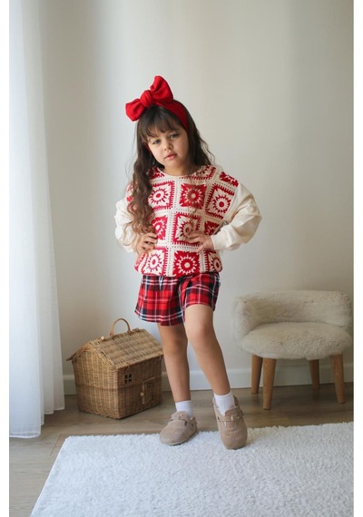 Kidsmadamiko Kız Çocukları Için Kırmızı Ekose Şort Etek Ve