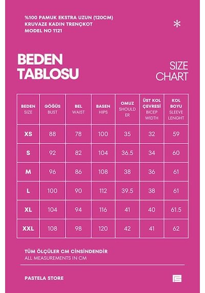 Pastelastore Pamuk Ekstra Uzun 120cm Kruvaze Kadın Trençkot 1121 Yeni Bej