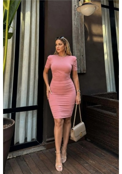 Veraura Lifestyle Kadın Krep Kumaş Bisiklet Yaka Büzgülü Kısa Kollu Elbise Pudra