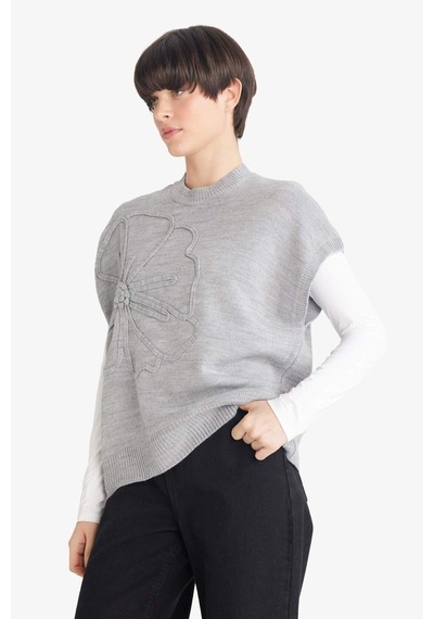 Defacto Relax Fit Bisiklet Yaka Çiçekli Triko Süveter G3324ax25augr156 Gri-gr156