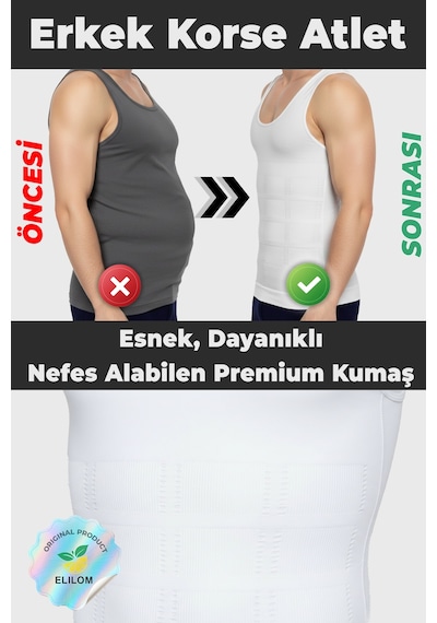 Elilom Erkek Korse Atlet 2'li Paket Bel Göğüs Ve Göbek Bölgesi Destekli Beyaz Ve Siyah - 2 Adet