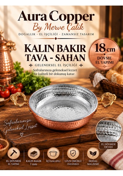 Aura Copper Kalın Bakır Sahan Tava El Dövmesi 1 Mm İçi Kalaylı Çift Kulplu 18 Cm
