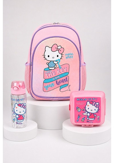 X Dekomus Heart Key Collection Hello Kitty Lisanslı İlkokul Çantası Beslenme Kabı Ve Matara Seti Açık Gri