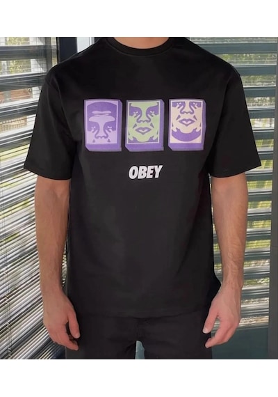 Wear Vexel Erkek Bisiklet Yaka Baskılı Oversize Kısa Kol T-shirt - Siyah Çok Renkli