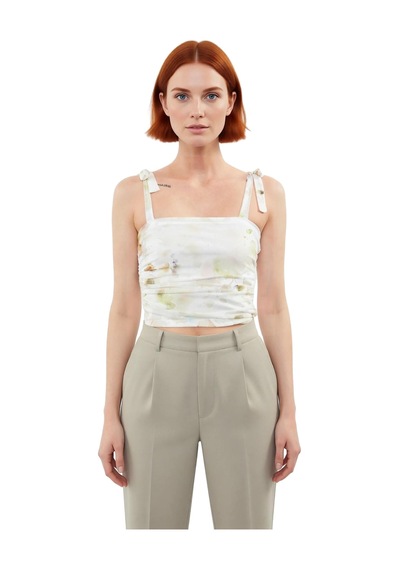 Ersefa Stil Kadın Animal Leopar Desenli Bağlama Detaylı Esnek Bluz Crop Yeşil