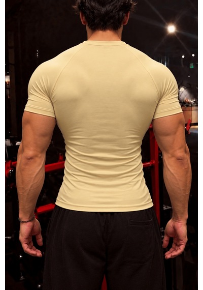 Genius Store Erkek Dalgıç Kumaş Compression Spor Tişört Muscle Body Fit Gym Antrenman T-shirt Compression-t-shirt Bej