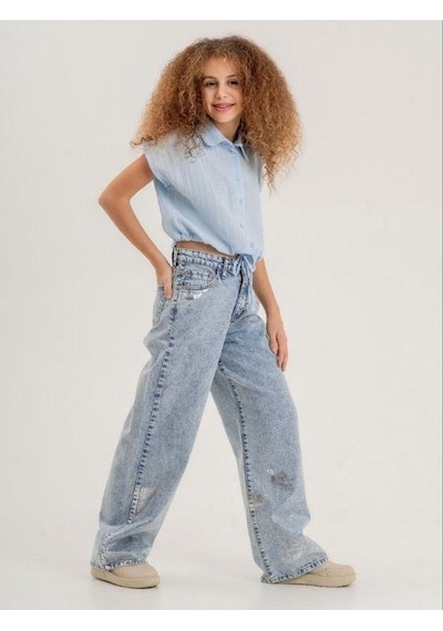 Zekids Kız Çocuk Paçası Varak Detaylı Denim Pantolon-13916-mavi Mavi