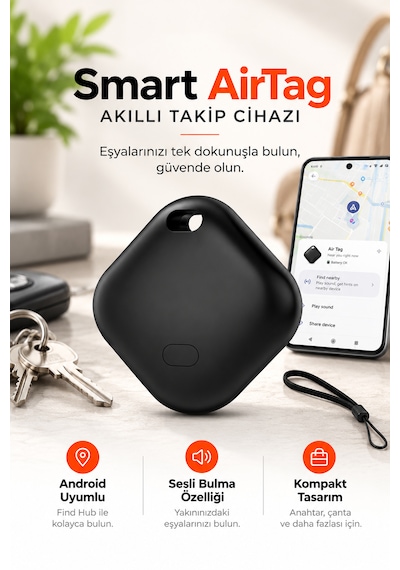 Kensa Airtag Apple iOS Uyumlu & Android Uyumlu Akıllı Takip Cihazı Sesli Bulma Özellikli Siyah