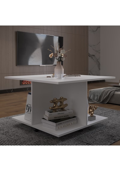 Asra Trend Kare Orta Sehpa OS002 %100 MDF Tekerlekli 4 Bölmeli Raf Takımı Beyaz