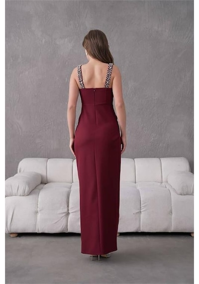 Dip Moda Dipmoda Kadın Taş Detaylı Askılı Uzun Abiye Elbise Dpnbs9367 Bordo