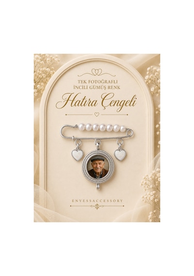 Kişiye Özel 1 Fotoğraflı İncili Gümüş Renk Hatıra Çengeli - Gümüş Renk İncili Anı Çengeli Gümüş Gümüş