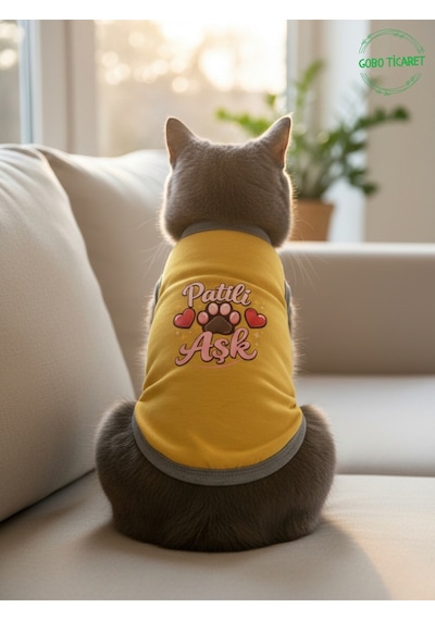 Sarı Renkli Patili Aşk Baskılı Kedi Ve Köpek Kıyafeti Tişörtü Elbisesi Medium/m/beden 2