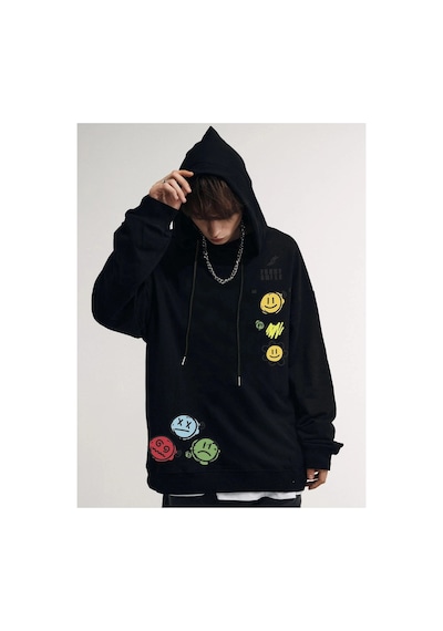 Tarzsokak Unisex Emoji Özel Baskılı Kapüşonlu Oversize Sweatshirt Siyah