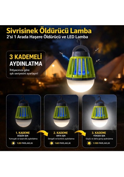 Şarj Edilebilir 3 Kademeli Kamp Lambalı Uv Işıklı Taşınabilir Askılı Sivrisinek Kovucu