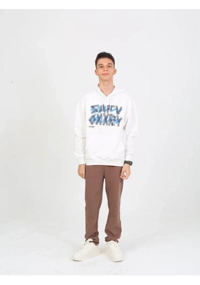 Marions Erkek Çocuk Yazı Detaylı 2 İplik Kapüşonlu Sweatshirt-15229 Ekru