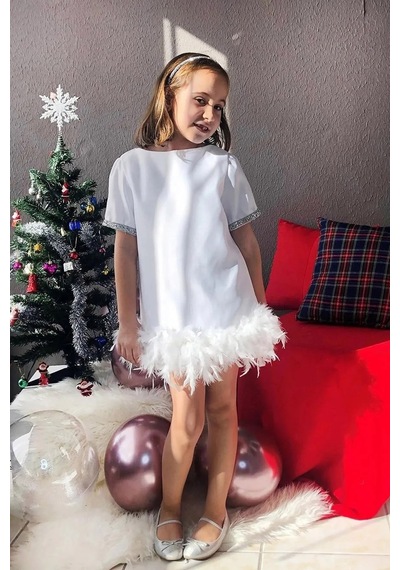 Lilymoon Tüylü Etek Ucu Kız Abiye Elbise Beyaz