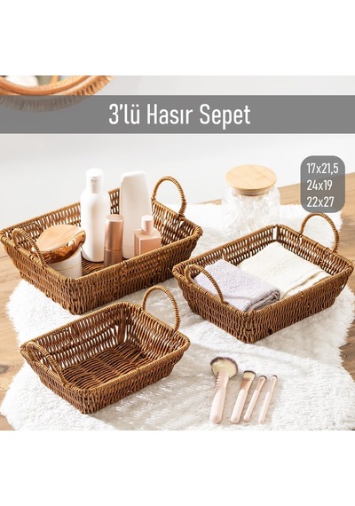 Tr 301-c Dikdörtgen 3'lü Hasır Sepet Dekoratif Ev Düzenleyici Kendinden Kulplu Hasır Sepet Seti Banyo Düzenleyici Genel