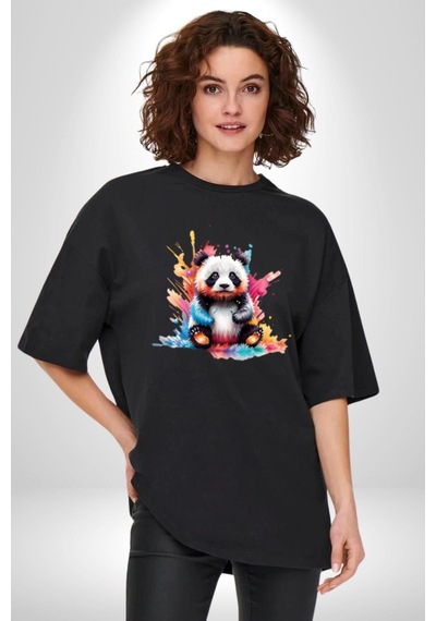 Renkli Yavru Panda Pamuklu Bisiklet Yaka Unisex Oversize Boyfriend Dijital Baskılı Siyah T-shirt Siyah