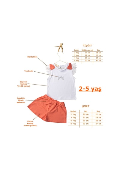 Novy Baby Fiyonklu Taş Baskılı Tshirt Şortlu Kız Çocuk 2'li Takım 2-5 Yaş