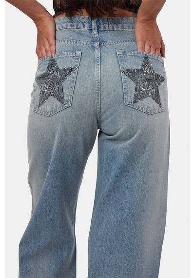 Kadın T.kot Rengi T-4s6-32 Straight Fit Parlak Taşlı Özel Tasarım Denim Jean