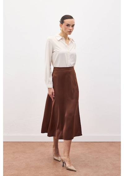 Sateen Yırtmaçlı Saten Etek - Kahve-136723 Kahve