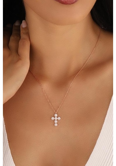 Haçlı Gümüş Kolye Rose Gold