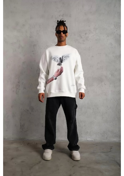 Erkek Güvercin Baskılı Sweatshirt - Beyaz Beyaz