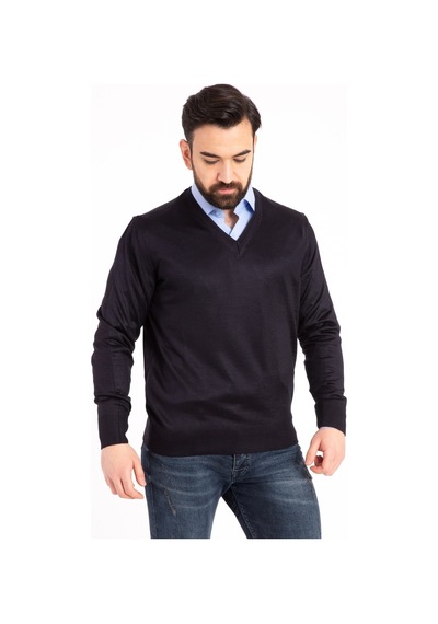 Erkek İnce Yün Triko Örgü Regular Baba V Yaka Kazak 5130 - S Füme